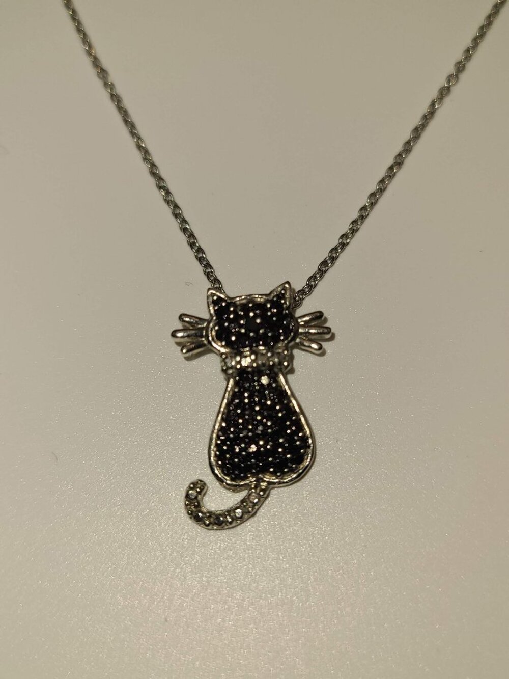 Cat Necklace with Black Crystals and Silver-colored Metal